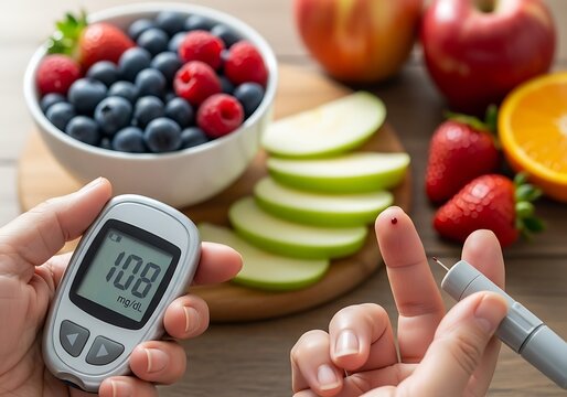 Hand using a glucose meter showing blood sugar level next to healthy fresh berries and fruit