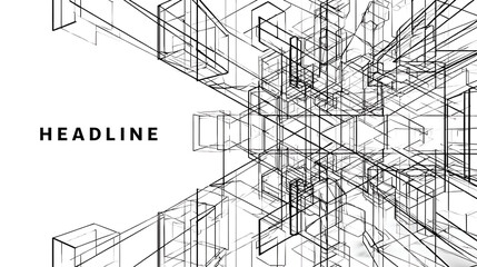 Geometric wireframe structure with text abstract architectural