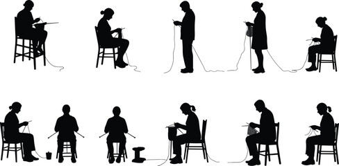 Knitting silhouettes, crochet figures, yarn craft people, handmade hobby, creative activity, textile art, needlework posture, crafting lifestyle, traditional skill, flat vector