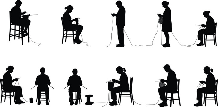 Knitting silhouettes, crochet figures, yarn craft people, handmade hobby, creative activity, textile art, needlework posture, crafting lifestyle, traditional skill, flat vector