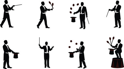 Magician juggling clubs, wand tricks, rabbit in hat, stage illusion, fantasy entertainment, theatrical performance, silhouette design, circus show, magic art, flat vector