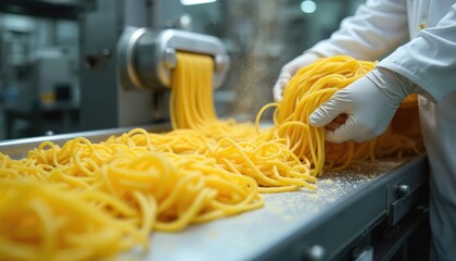 Factory worker in gloves collects fresh spaghetti from machine. Automated production line makes Italian pasta for commercial sale. Food manufacturing process is fast.