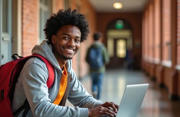 Young Black student with afro smiles at camera using laptop in school hallway. He wears a grey hoodie and red backpack, ready for learning. Other students walk by in background.