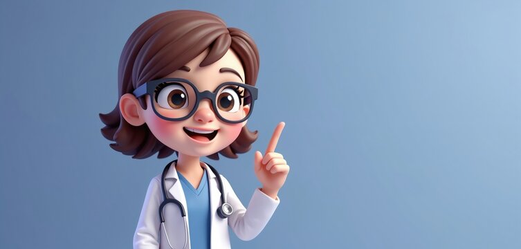 3d render of woman doctor pointing up finger giving healthcare advice. Cartoon character medical worker wears uniform, glasses with stethoscope. Health care tips isolated on blue background. Medical
