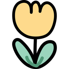 Simple Yellow Tulip Flower With Green Leaves And Black Outline On Transparent Background