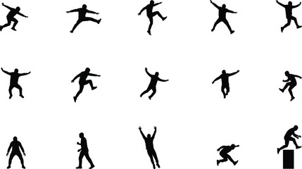 Human movement silhouettes, dynamic action poses, jumping running climbing, fitness exercise, athletic training, outdoor lifestyle, motion study sequence, flat vector design