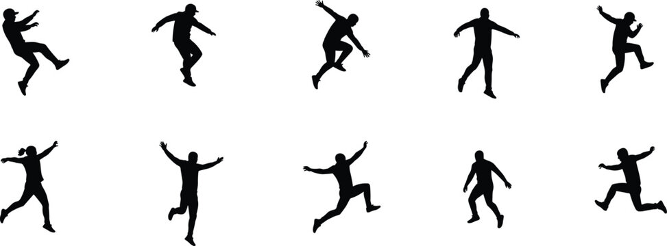 Jumping running silhouettes, human motion poses, athletic activity, fitness exercise, dynamic movement, sports training, outdoor lifestyle, biomechanics study, flat vector design