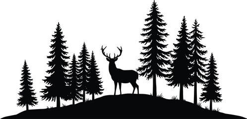 Deer silhouette standing on hill surrounded by pine trees, wildlife forest landscape vector illustration, nature scenery design for adventure, outdoor, and mountain art