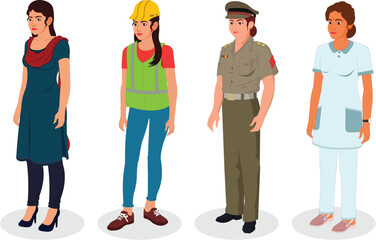 different profession collection of woman teacher builder police doctor animation ready vector illustration