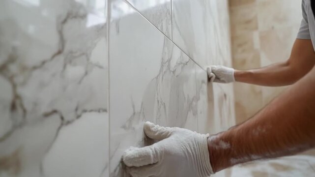 Tiling Process: A skilled tradesperson meticulously places a marble tile on a wall during renovation, showcasing the detail of the new tile work.