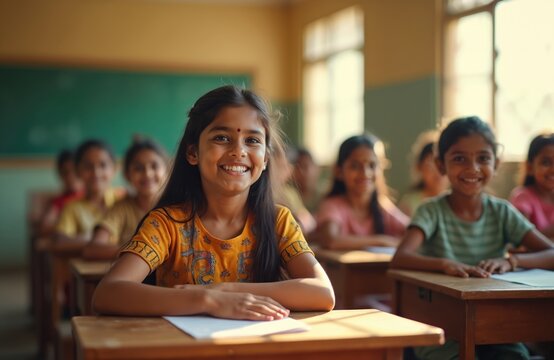 Young indian girls learn in classroom. Smiling schoolkids sit at desks, study together in school. Female students happy, joyful, friendly education environment.
