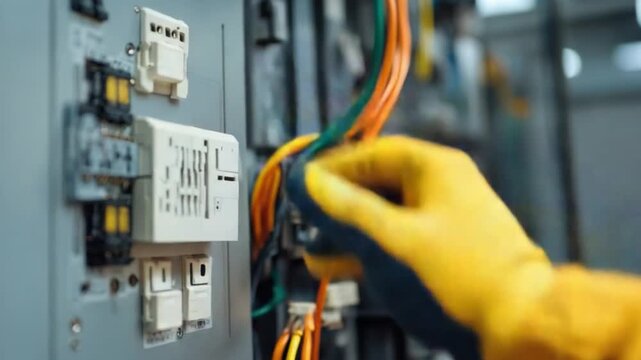 Electrical Work: Close-up of hands wearing a yellow safety glove working with electrical wires and connectors in an electrical panel.