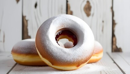 Powdered Sugar Donut on Crumpled Black Paper and Dark Wood
