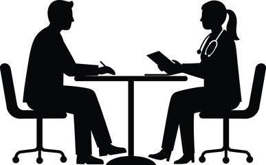 Doctor consultation silhouette, patient and physician meeting, medical discussion at hospital office table, healthcare professional giving advice, diagnosis, treatment vector illustration