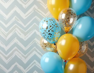 Blue and yellow balloons with gold confetti float against a chevron patterned wall. These helium filled spheres suggest a festive occasion like a birthday party or baby shower celebration.