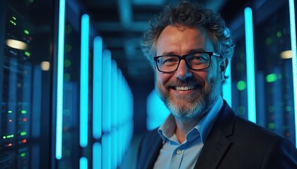 Man with glasses smiles in modern data center. Rows of servers glow with blue lights, signifying IT infrastructure and tech operations. He looks pleased with system performance and security.