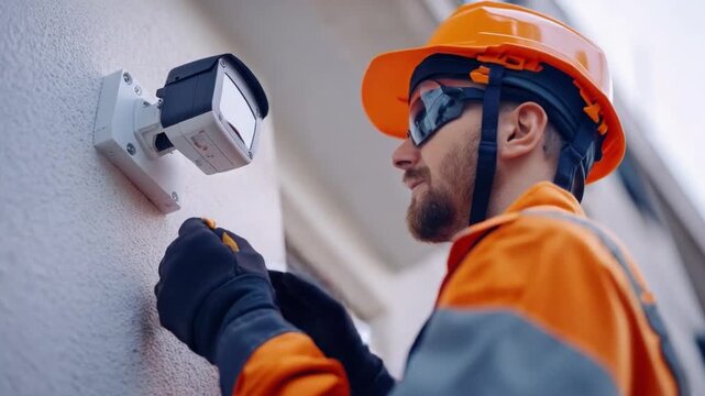 The Vigilant Guardian: A skilled technician diligently installs a security camera on an exterior wall, ensuring safety and peace of mind with meticulous precision.