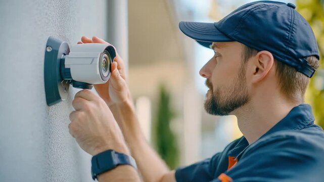 Installation of Security: A skilled technician diligently installs a security camera on an exterior wall, ensuring safety and surveillance, representing protection and vigilance.