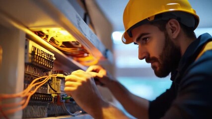 Precision in Power: An electrician, focused and meticulous, works on intricate wiring within an electrical panel, showcasing skill and dedication to ensure safety and efficiency.