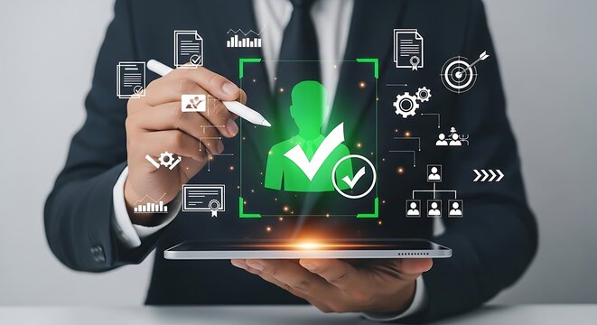 Businessman using a tablet to review digital icons representing business success compliance and quality assurance with a glowing checkmark signifying approval and achievement - Powered by Adobe