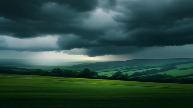 Dramatic landscape with dark clouds over lush green hills and rolling fields