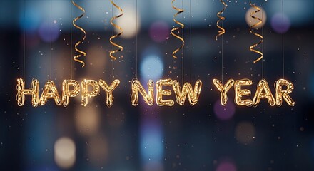 Golden Happy New Year Celebration with Sparkling Confetti and Bokeh Lights