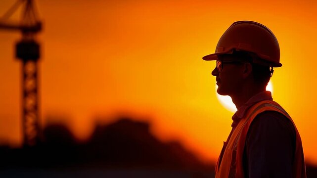 Silhouette of a construction worker against a vibrant sunset background, showcasing hard work and dedication