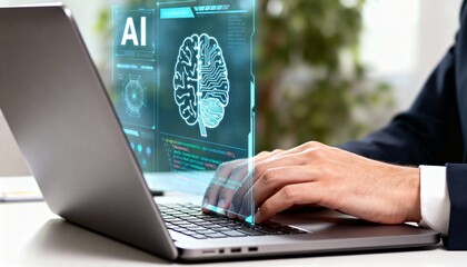 Modern business professional developing AI technology on laptop for innovative solutions and smart future advancements at tech company workspace