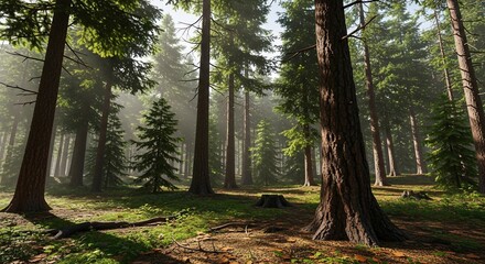 Sunlight filters through the dense canopy of a majestic pine forest, illuminating the misty air and forest floor.