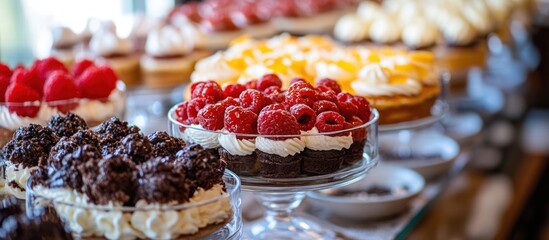 Dessert display with assorted cakes and pastries