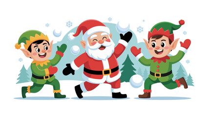 Holiday Frolic: Santa Claus joyfully engaging in a playful snowball fight with two spirited elves, creating a scene of festive cheer and winter merriment.