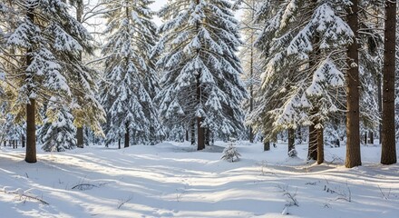 Snow-covered evergreen trees in a forest on a sunny winter day, creating a serene landscape.