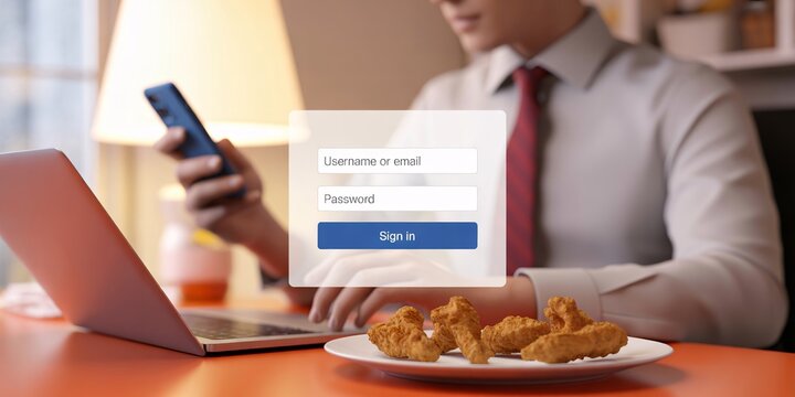 Login screen laptop and chicken wings man using phone username password sign in online account access website