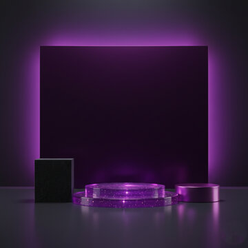 Three sleek metallic pedestals of varying heights and shapes, illuminated by spotlights against a dark NEON PERPLE, set on a concrete floor, ideal for product display or abstract presentation.