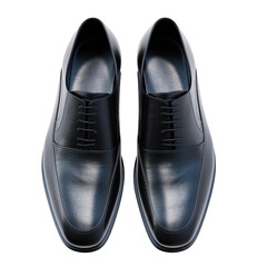 Top View of a Pair of Shiny Black Leather Oxford Dress Shoes with Blue Soles Isolated on a Transparent Background Featuring Intricate Stitching Detail and a Glittering Texture