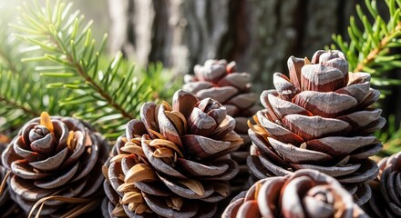 A close-up of several brown pine cones with frosty tips resting among green evergreen needles.