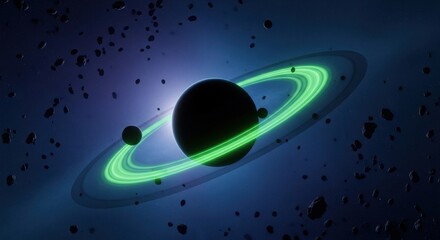 Alien Planet With Glowing Rings In Deep Space Orbiting A Dark Star Surrounded By Asteroids