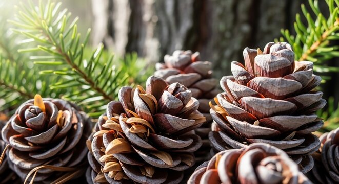 A close-up of several brown pine cones with frosty tips resting among green evergreen needles.