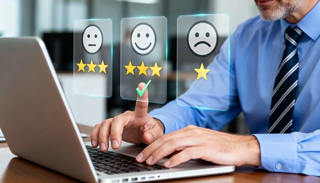 Boost Your Business Reputation with Customer Feedback and Star Ratings Online, Checkmark on Positive Review, Modern Business Strategy for Success