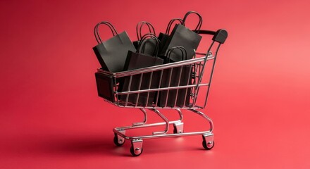 Black Shopping Bags Overflowing in a Metal Cart