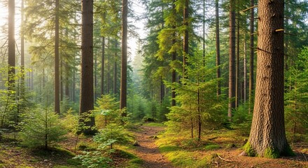 A tranquil forest path winds through tall evergreen trees with sunlight filtering through the canopy.