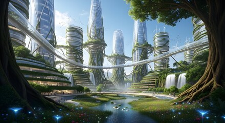 Curved eco-architecture towers featuring layered greenery in a modern sustainable urban setting