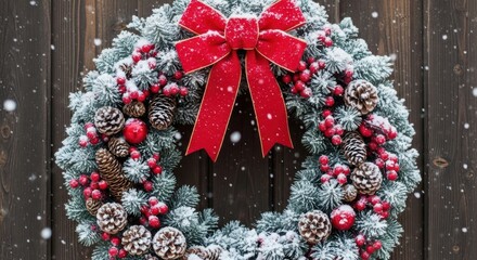 Beautiful Snowy Christmas Wreath Decorating the Door