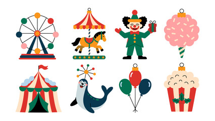 Circus Fun Fair Icons: Vibrant illustrations capture the essence of a funfair with icons, evoking nostalgia and excitement for all ages.