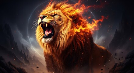 Majestic Lion Roaring with Fiery Mane and Intense Power