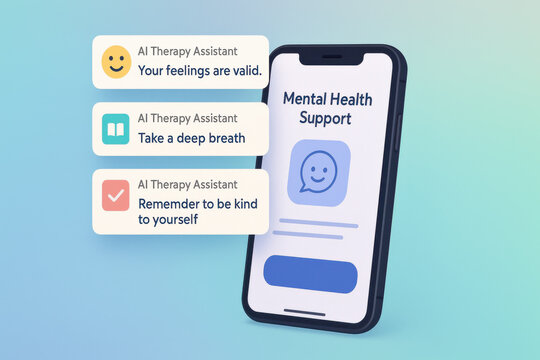 AI therapy assistant on smartphone for mental health support with notifications. positive smart wellness app for digital psychology shows encouraging reminders for self care
