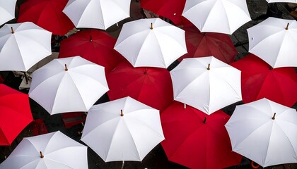 Overhead view of numerous red and white umbrellas, tightly packed together