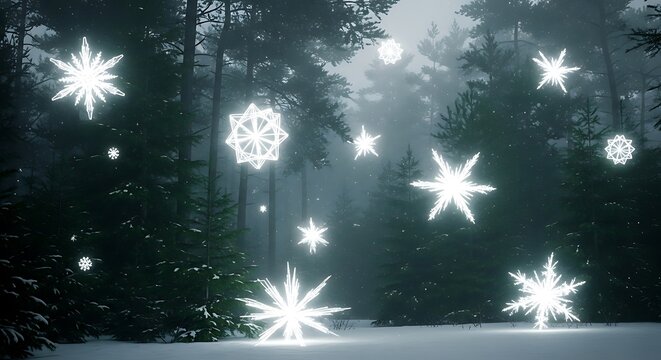 Enchanting winter forest scene illuminated by a cascade of glowing snowflakes, creating a magical wonderland perfect for holiday backgrounds and seasonal greetings