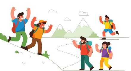 Fototapeta premium Illustration Of Cheerful Trekkers Hiking Into The Mountains Under A Cloudy Sky