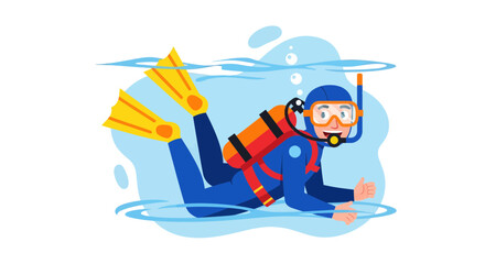 Illustration Of A Diver Exploring Underwater Scenery Against A Black Background